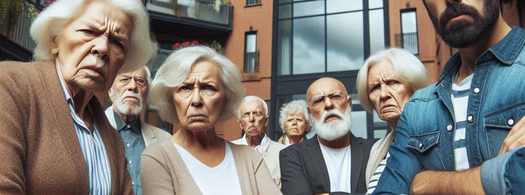 Angry people outside an apartment block