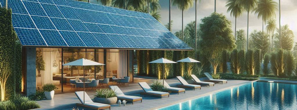 Solar panels power a pool recreational area. Image: Microsoft Copilot